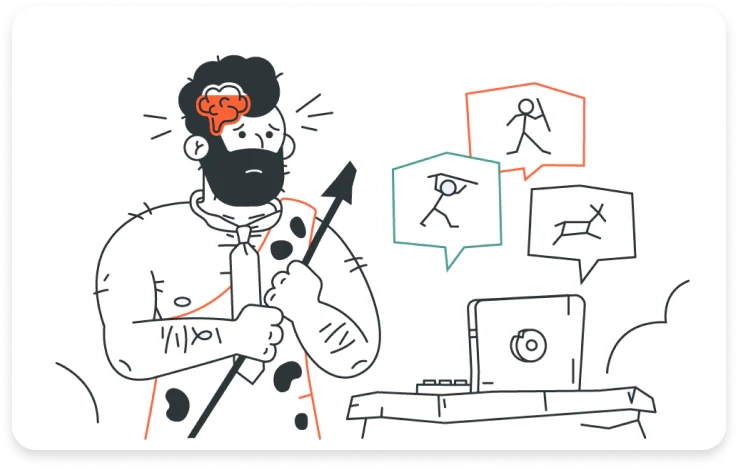 Illustration of a stressed caveman in a rudimentary office with primal threat bubbles over his switched-on brain.