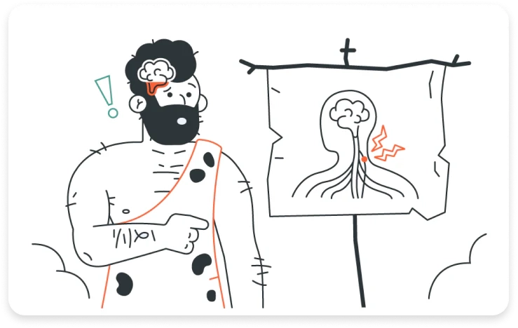 Illustration of an astonished caveman pointing at a diagram showing how the vagus nerve connects to the brain to calm primal stress.