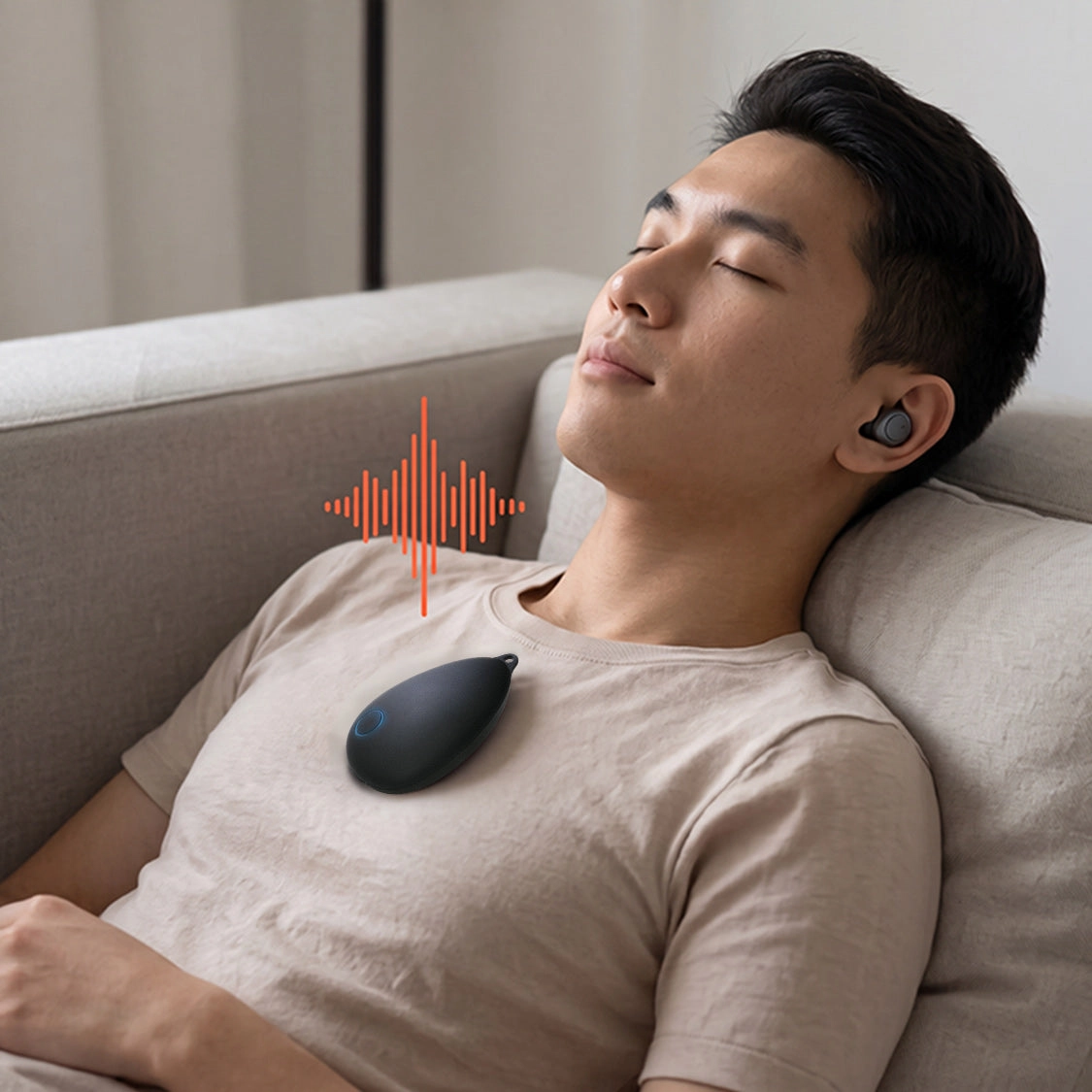 Person relaxing with the Sensate device resting on their chest, second view